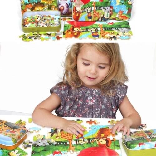 60 Pieces Of Wooden Puzzle Iron Boxed Cartoon Animal Colorful Childrens Toys Early Education Baby Puzzle