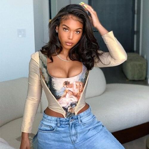 Women Angel Print Vintage Blouse Shirts Long Sleeve Square Collar Bodycon Crop Top Punk Club Sexy Blouses Tops Spring Summer