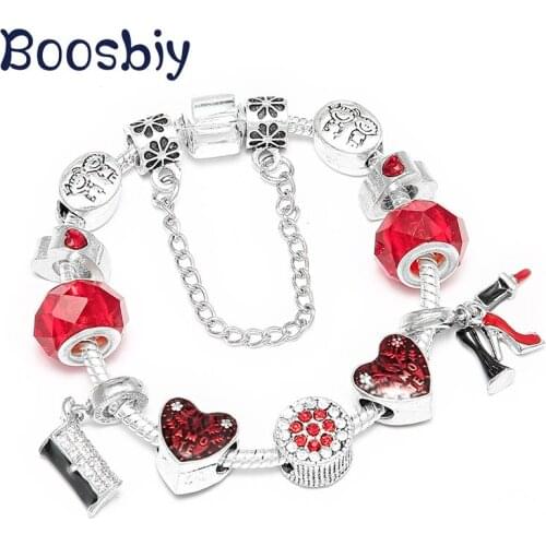 Boosbiy Silver Plated Charm Bracelet with Red Heart Beads Fit Brand Bracelet For Women Valentines Day Gift Dropshipping