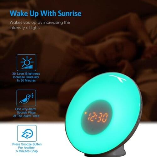 Nature Wake Up Light Alarm Clock Digital Snooze with 7 Colors Sunrise/Sunset Colorful Light Digital Clock with FM Radio