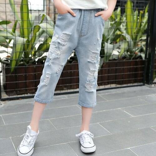 Summer fashion girls Hole pearl jeans sky blue 4 5 6 7 8 9 10 11 12 13 14 years lace cowboy seven cent trousers denim pants