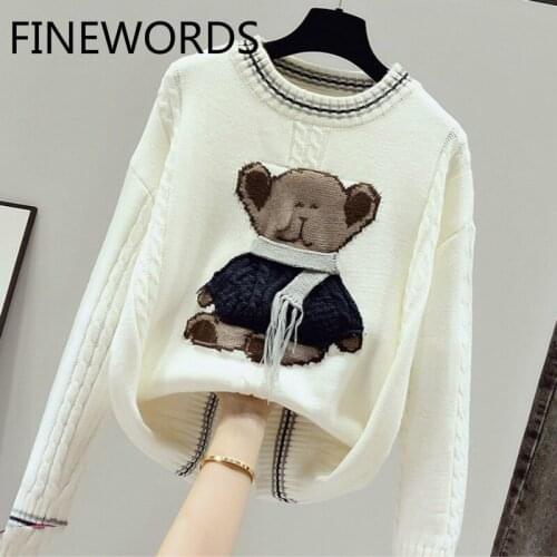 FINEWORDS Kawaii Bear Embroidery Vintage Christmas Sweater Women Korean Streetwear Knitted Pullover Casual Loose Knit Sweaters