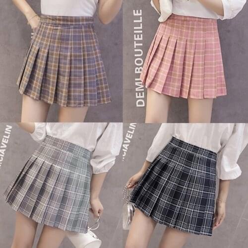 2021 Quality Summer High Waist Womens Skirts A-line Plaid Pleated Skirt with Shorts Women Cute Sweet Girls Casual Skirt Kawaii