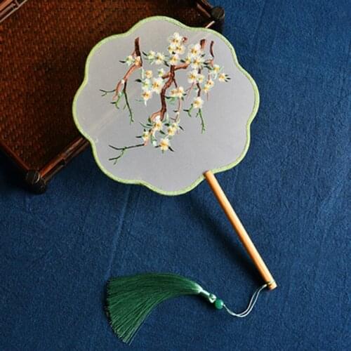 Chinese Traditional Art Embroidery Circular Round Hand Fan Classical Ancient Costume Han Fu Cheongsam with Long Handle Tassel