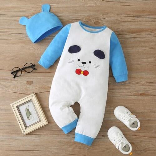 2PCS Set Baby Girl Clothes Winter Autumn Cotton Cute Cartoon Cat Patchwork Long Sleeve Baby Romper+hat Baby Boy Clothes 0-12M