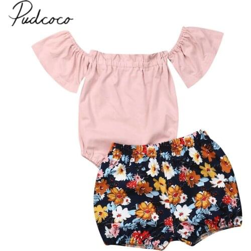 2019 Baby Summer Clothing Kid Infant Baby Girl Clothes Sets Off Shoulder Romper Tops +Flower Short Pants 2Pcs Outfits Set 0-24M