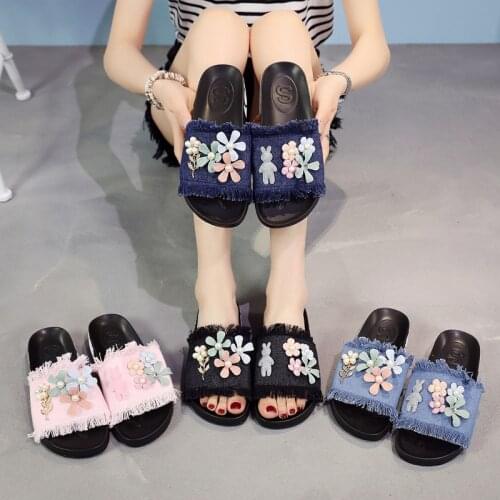 Summer denim flat slippers women shoes flowers beading open toe slides 5 colors denim tassel flip flops mujer anti-skid flipflop