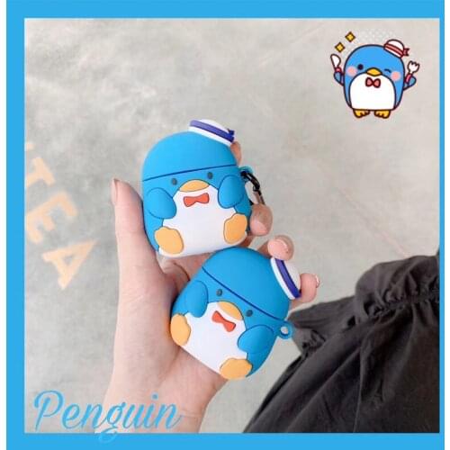 Cute 3D fat doodle little penguin silicone earphone case for airpods 1 2 wireless bluetooth soft cartoon case keychain