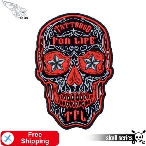 Red Skull Tattooed for Life Motorcycle Embroidery Iron on Patch for Clothing Custom Punk Biker Mc Accessories Garment Decoration