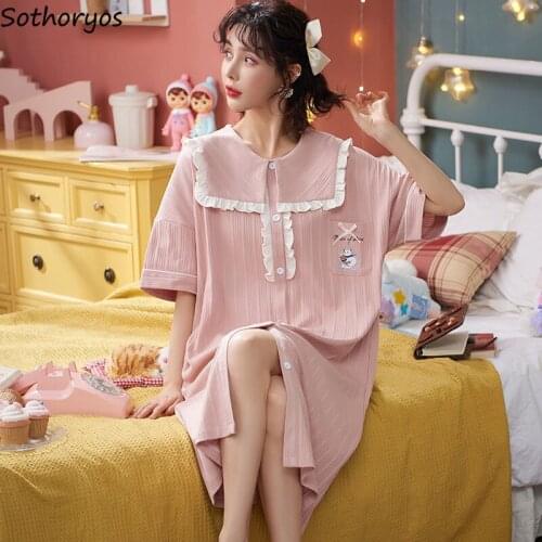 Nightgowns Women Turn-down Collar Button Fly Sleepshirts Womens Sweet Cute Thin Short Sleeve Female Plus Size 4XL Homewear New