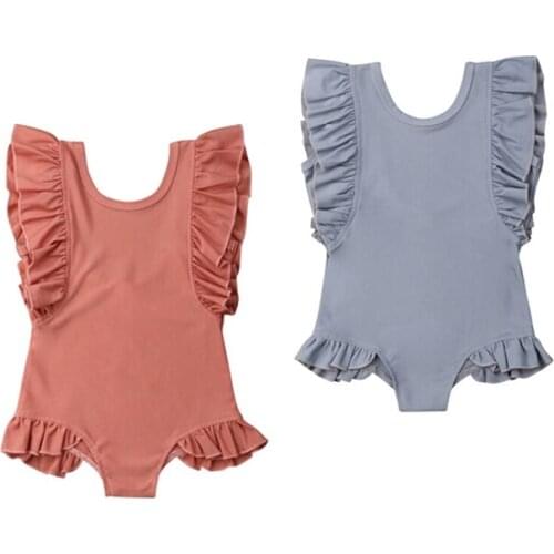 New Toddler Kids Baby Girl Swimwear Ruffles Sleeveless Solid Summer Swimsuit One Piece Bathing Swimming Suit 1-6T
