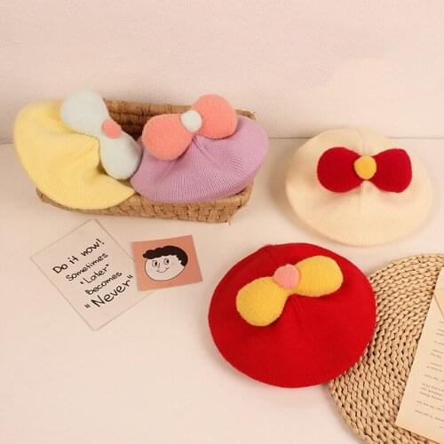 New Cute Lovely Autumn Winter Kids Girls Caps Berets Bowknot Beanies Hats Fashion Knitted Cotton Toddler Girls Hats