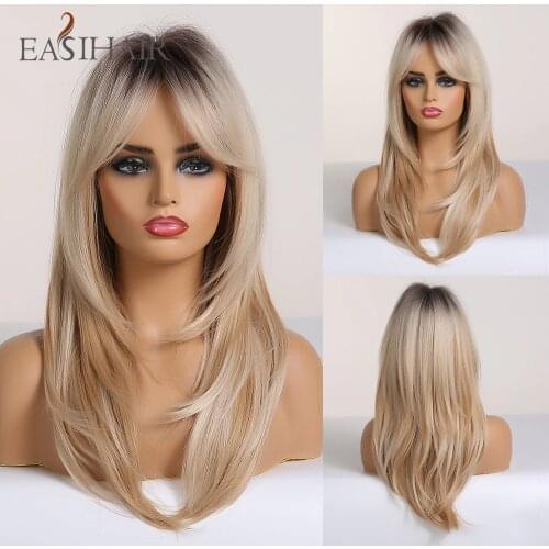 EASIHAIR Black to Blonde Omber Wigs with Bangs Synthetic Hair Wigs for Women Medium Length Layered Cosplay Wigs Heat Resistant