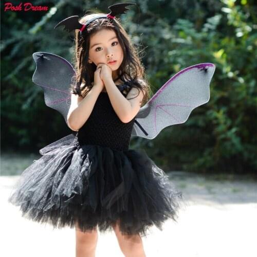 POSH DREAM Bat Cosplay Kids Dresses for Girls with Headband Black Halloween Vampire Toddler Girls Tutu Dress for Cosplay Party