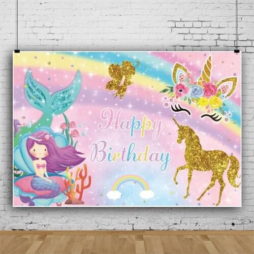 Mermaid Golden Unicorn Glitter Baby Shower Backdrops Photos Background Decorations for Kids Birthday Party Photography Props