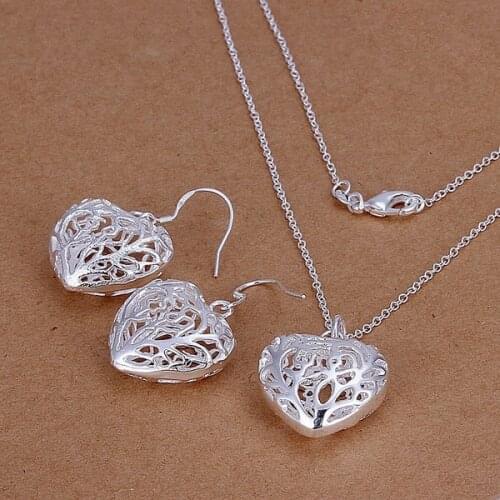Silver color Wedding party jewelry retro romantic women cute lady heart pendant necklace earrings fashion jewelry set S108