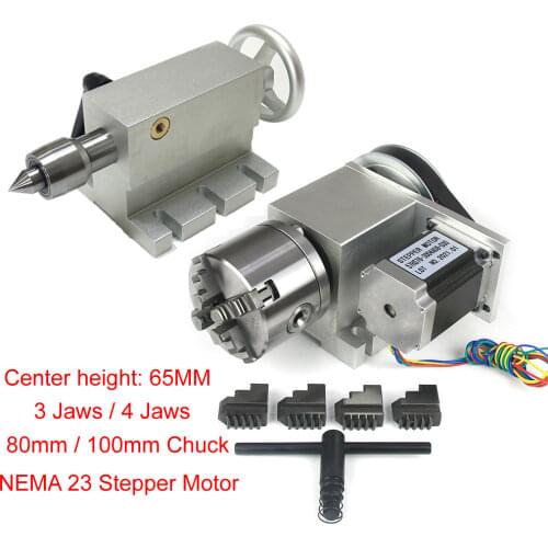 Center Height 65MM 4 Axis Tailstock 4th A Axis Rotary Axis 3/4-jaw 80mm 100mm Chuck CNC Indexing Head NEMA 23 57 Stepper Motor