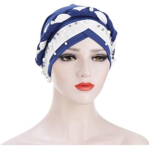 Double Color Braid Head Scarf Hat Women Muslim Pearls Beading Turban Bonnet Femme Musulman Indian Hat Arab Wrap Turbante Cap