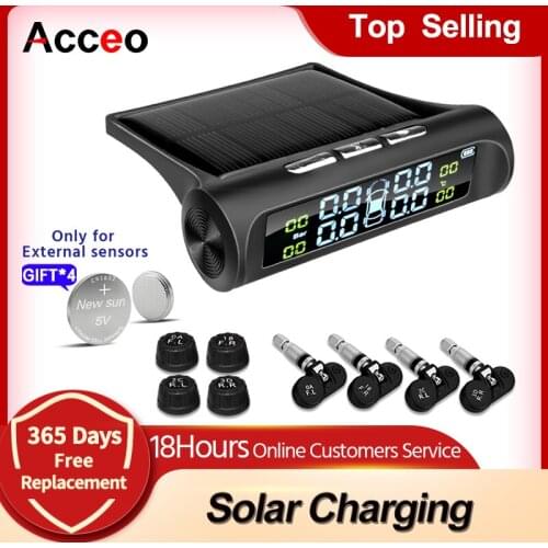 E-ACE Solar Power Tire Pressure Monitoring System Wireless TPMS Monitor with 4 External Sensors Display System