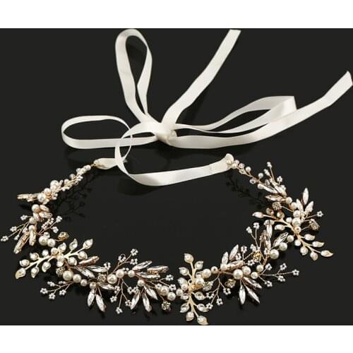 SLBRIDAL Ribbon Gold Crystal Rhinestones Pearls Flower Leaf Wedding Hairbands Hair Vine Bridal Headband Hair accessories Women