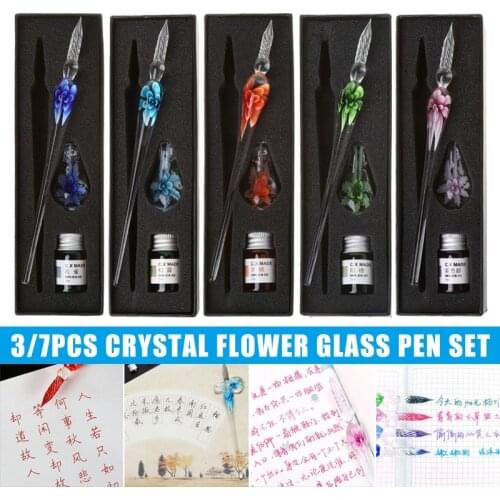 Glass Calligraphy Pen Crystal Glass Dip Ink Pen Set Non-Carbon Ink Signature Pens Writing Tools PUO88
