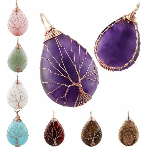 SUNYIK Handmade Copper Wire Wrapped Tree Of Life Teardrop Gem Stone Charms Pendant Fit Necklace (Free Chain)