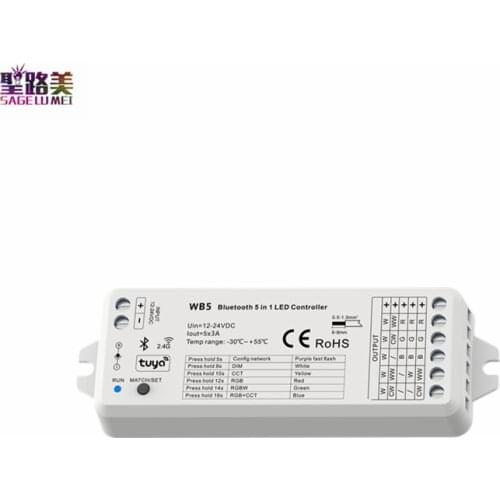 WB5 DC12-24V Bluetooth & RF 5 in 1 LED Controller 5CH Tuay APP for single color CCT RGB RGBW RGBCCT led strip lighting tape