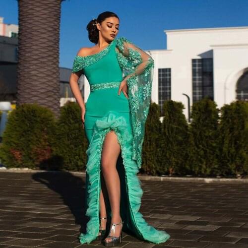 Green Elegant Calssic Evening Dress Floor Length High Split Tulle Lace Applique A-Line Arabic Formal Prom Dress Plus Size