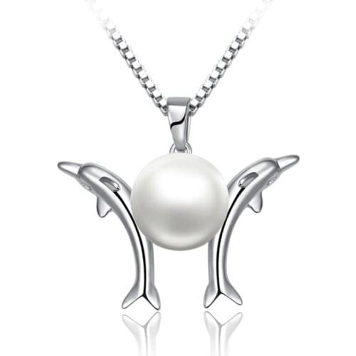 Sinya Natural Freshwater Pearl Pendant Charm Necklace for women girls in 925 Sterling Silver Couple Dolphin design fine jewelry