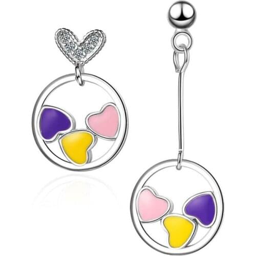Romantic 925 Sterling Silver Earrings Girl Fashion Jewelry Cute Tricolor Heart Asymmetry Earring Women Party Accessories KOFSAC