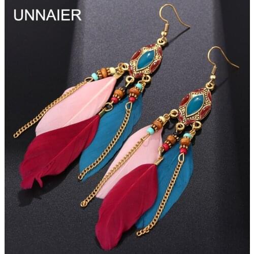 UNNAIER vintage palace ladies earrings S925 silver hypoallergenic color feather earrings 2021 trend tragus perforated jewelry