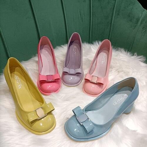 Genuine Leather High Heels 2021 New Sweet Bowknot Shallow Mouth Comfortable And Easy To Wear Thick Heel Womens Shoes