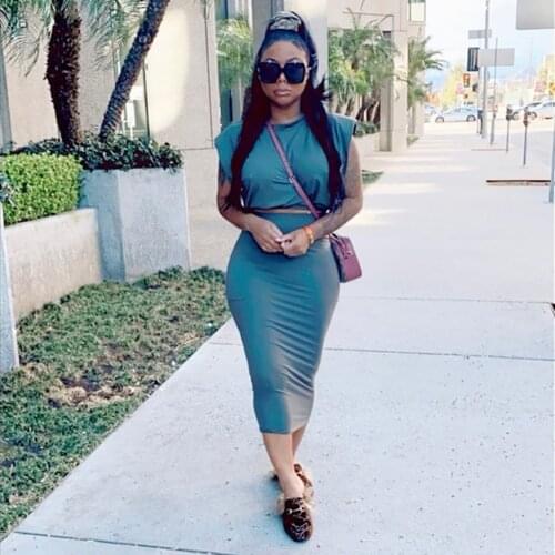 2 Pieces Sets Women’ s Solid Color Streetwear Drop-Shoulder O-Neck Crop Tops+Midi Bodycon Skirt Summer Party Club Outfits