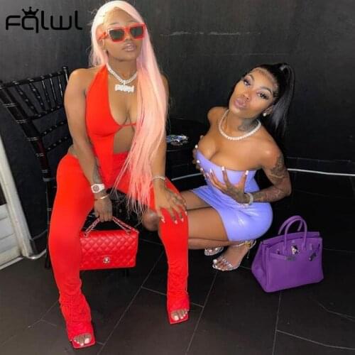 FQLWL Streetwear 2 Two Piece Sets Women Outfits Summer 2021 Hollow Out Matching Sets Backless Crop Top Black Casual Pants Suits