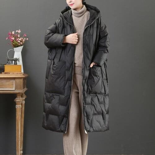 Ailegogo Winter Women Thick Warm 90% White Duck Long Coat Loose Hooded Female Pocket Down Parkas Ladies Snow Jackets Outwear