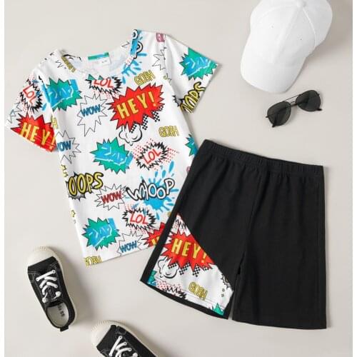 PatPat 2pcs Fashionable Kid Boy Hand Painting Letter Shorts Set