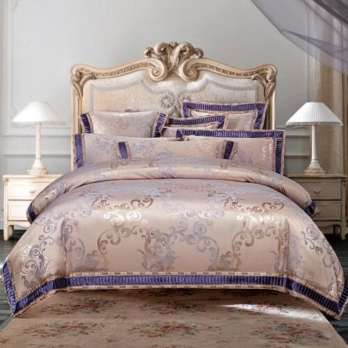 Luxury purple golden white King Queen Wedding Bedding Sets Satin Cotton Jacquard Bed sheet Duvet cover set Pillowcases 4pcs 6pcs