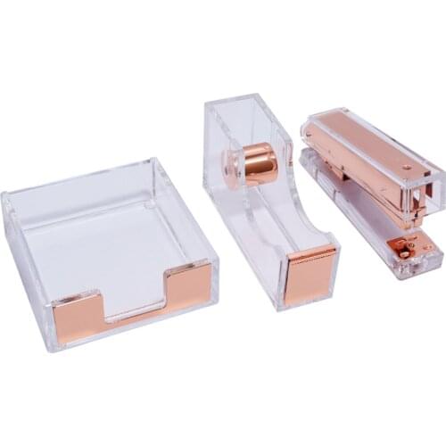 Home Office Accessories 3 in 1 Include Tape Dispenser with Adhesive Tape Stapler Sticky Pad Holder Acrylic Desk Organizer Set