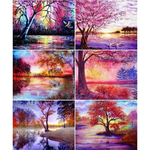 AZQSD DIY Painting By Numbers Tree Home Decoration Adult Coloring By Numbers Lake Landscape Home Bedroom Wall Artwork