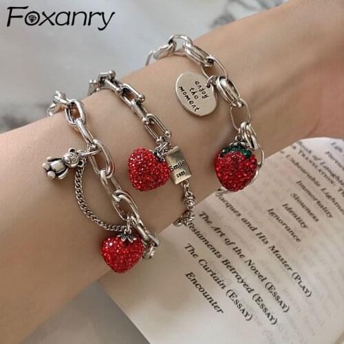 FOXANRY 925 Sterling Silver Thick Chain Bracelets for Women Trendy Elegant Charming Sparkling Strawberry Zircon Party Jewelry