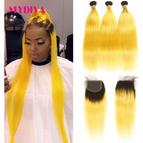 Brazilian Straight Human Hair 3 Bundles With Closure 1B/Yellow Color 10-28 Inch Remy Hair Lace Closure With Baby Hair Mydiva