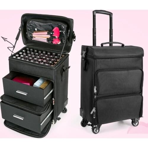 Firstmeet fashion makeup puff luggage box universal wheel recommended new listing black cosmetic trolley suitcase beauty toolbox