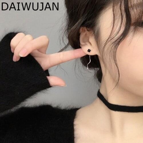 DAIWUJAN Chic Black Square 925 Sterling Silver Drop Earrings For Women Wave Ear Line Short Tassel Pendant Earring Party Jewelry