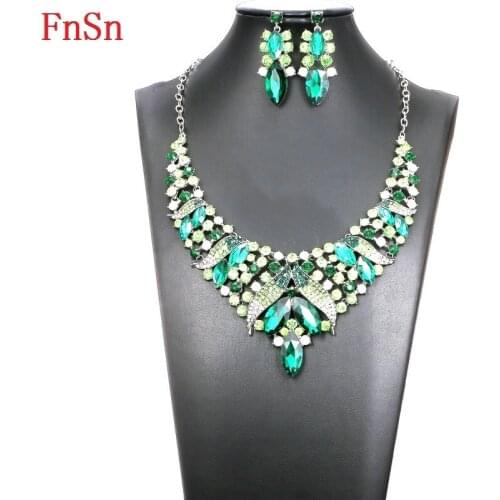 Fnsn2018 Fashion Hot New Necklace Sets Crystal Choker Women Party Silver Color Colorful Plant Earrings Necklace Set Jewelry S168