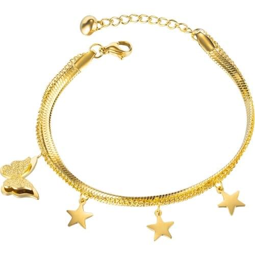 Personality design three dimensional butterfly decoration Mori girl five pointed star stainless steel double layer Bracelet