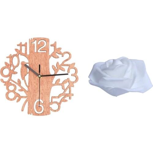 50X Foam Roses Artificial Flower with Creative Tree Shaped Wooden Wall Clock House Living Room Decoration