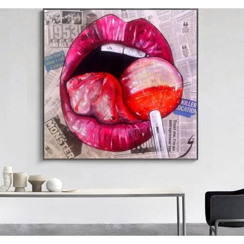 Sexy Mouth Lips with Lollipop Modern Canvas Painting Pop Art Home Decoration Quadro Posters and Prints Abstract Picture No Frame
