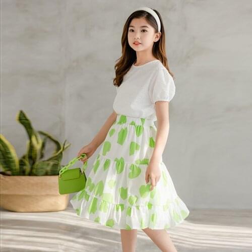 Kids Clothes Sets Girl Summer White T-Shirt Tops + Dot Long Skirts 2 Pcs Set Teenage Children Clothing Suits 4 6 8 10 12 14 16