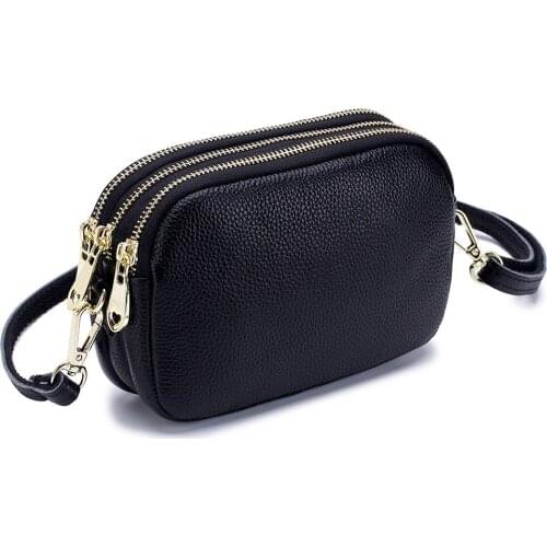 MJ Women Crossbody Bags Small Genuine Leather 3 Layer Zipper Wristlet Bag Large Capacity Clutch Purse Bags Mobile Phone Bag