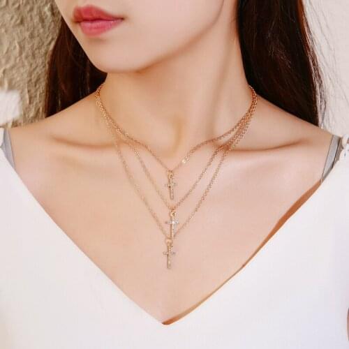 Multi-layer Cross Pendant Necklace For Women Exquisite Crystal Zircon Gold Clavicle Chain Fashion Jewelry Accessories